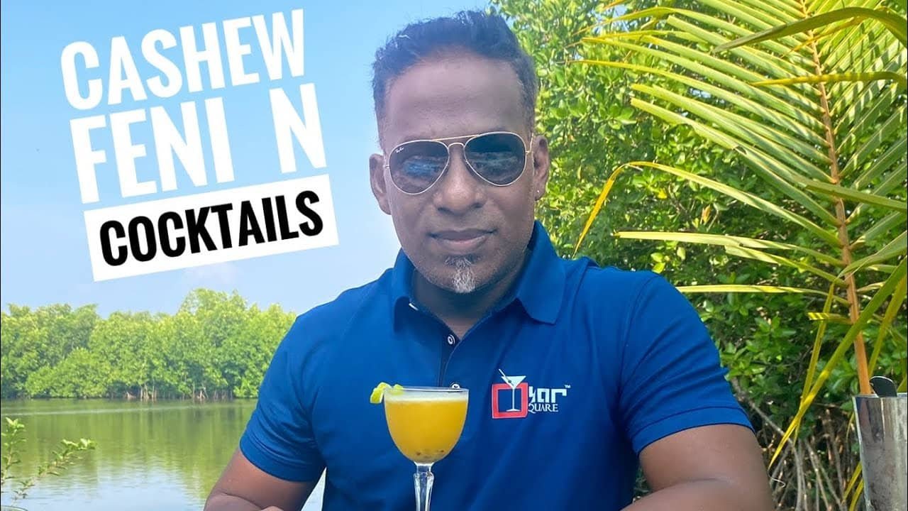 A simple cashew feni cocktail with passion fruit